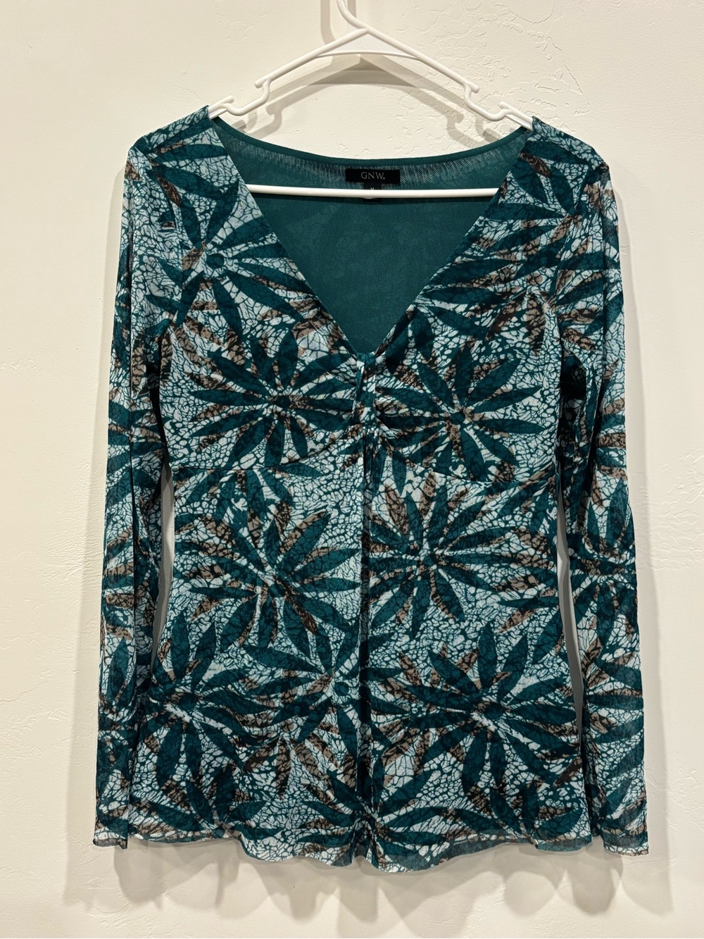 GNW Teal and Brown Floral V-Neck Long Sleeve Top